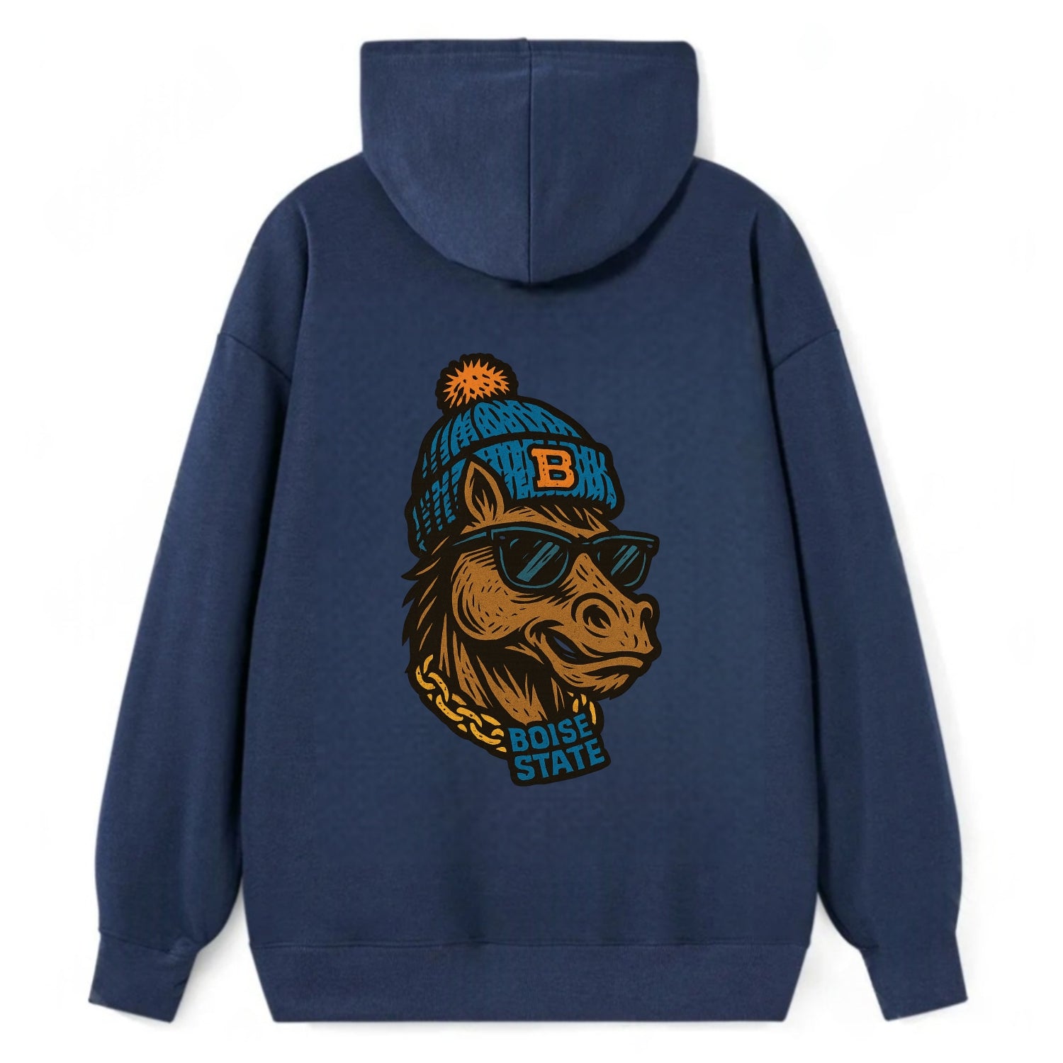 Boise Bronco wearing Boise State beanie with B patch - Classic Pullover Hoodie - Navy