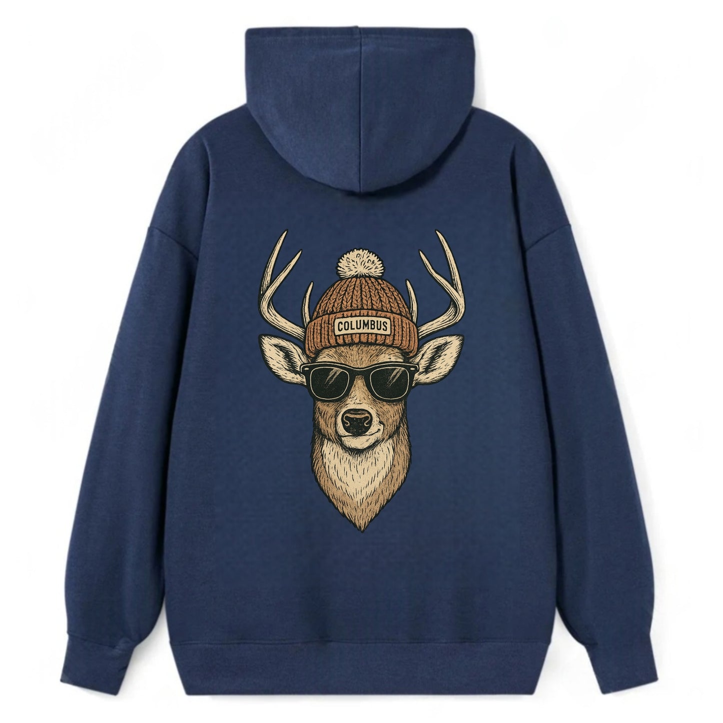 Ohio White-tailed Deer wearing Columbus beanie with pom pom and wayfarer - Classic Pullover Hoodie - Navy