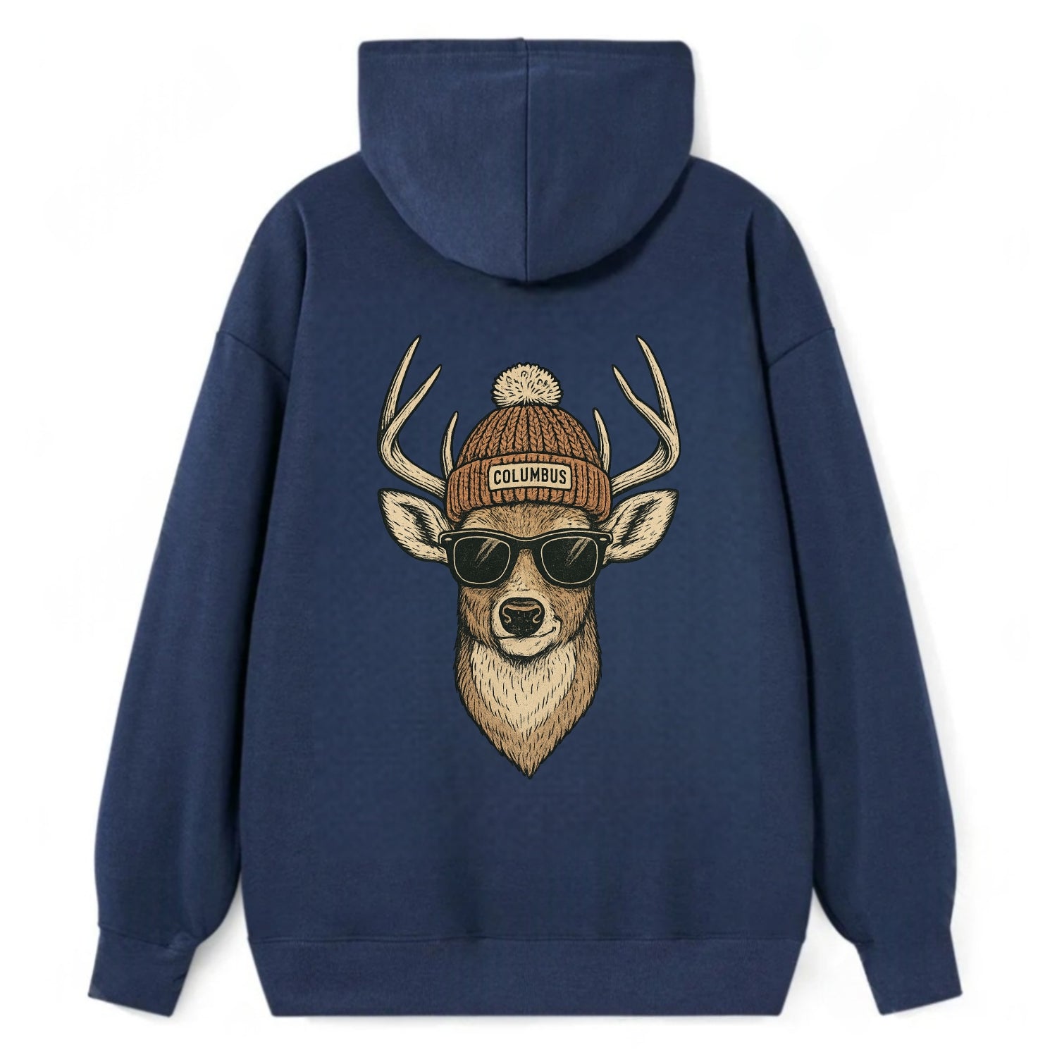 Ohio White-tailed Deer wearing Columbus beanie with pom pom and wayfarer - Classic Pullover Hoodie - Navy