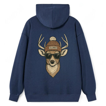 Ohio White-tailed Deer wearing Columbus beanie with pom pom and wayfarer - Classic Pullover Hoodie - Navy