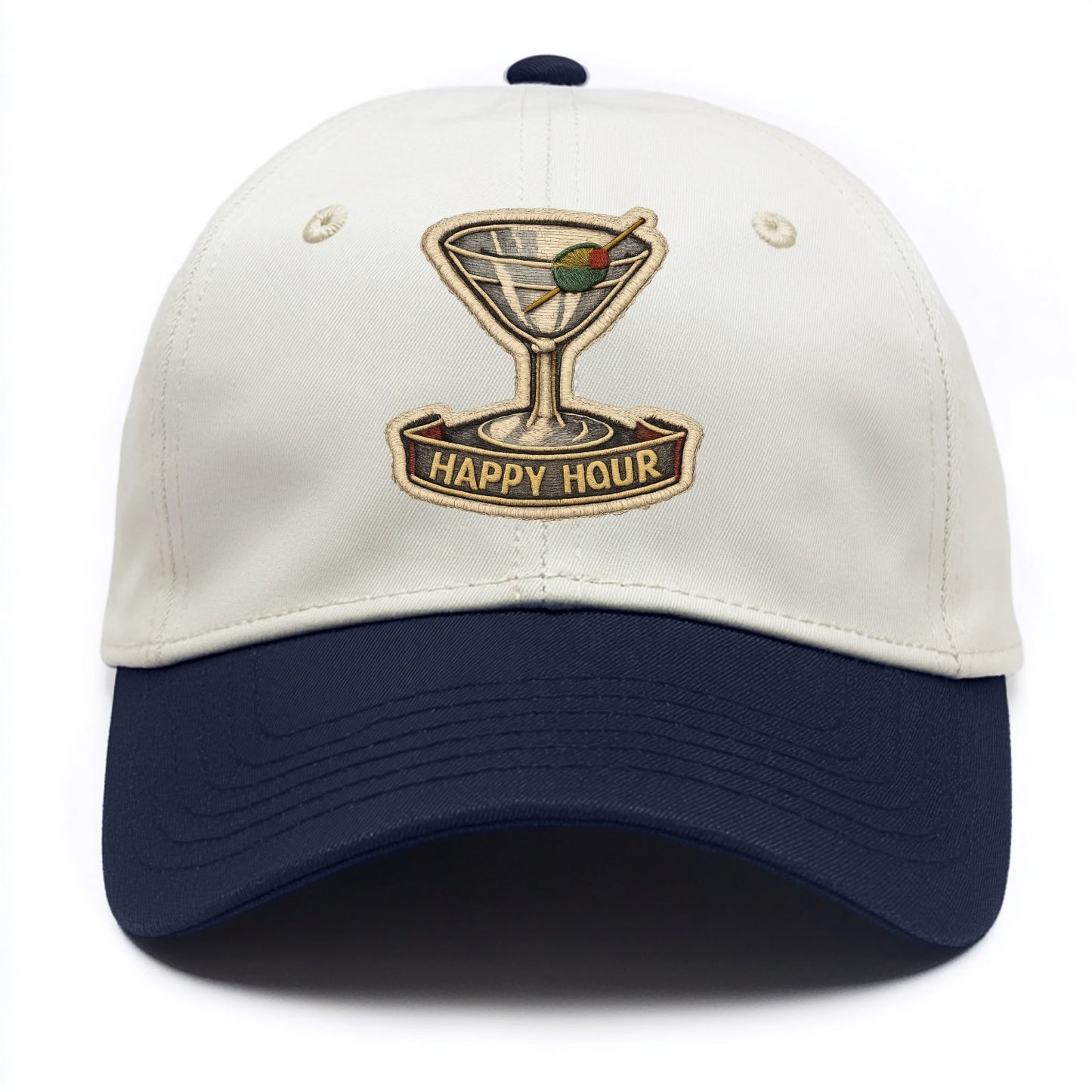COCKTAIL MARTINI - martini glass with olive in silver and green , happy hour - Two Tone Cap - Navy