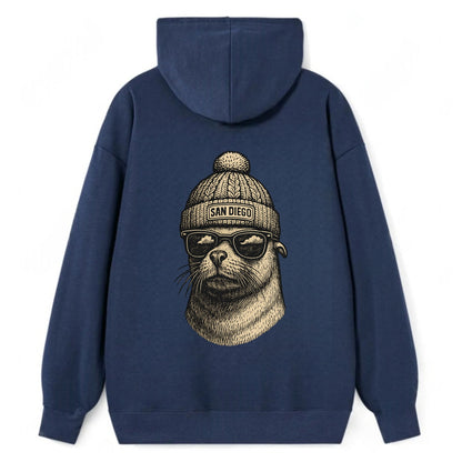 San Diego Sea Lion wearing San Diego beanie with pom pom and wayfarer - Classic Pullover Hoodie - Navy