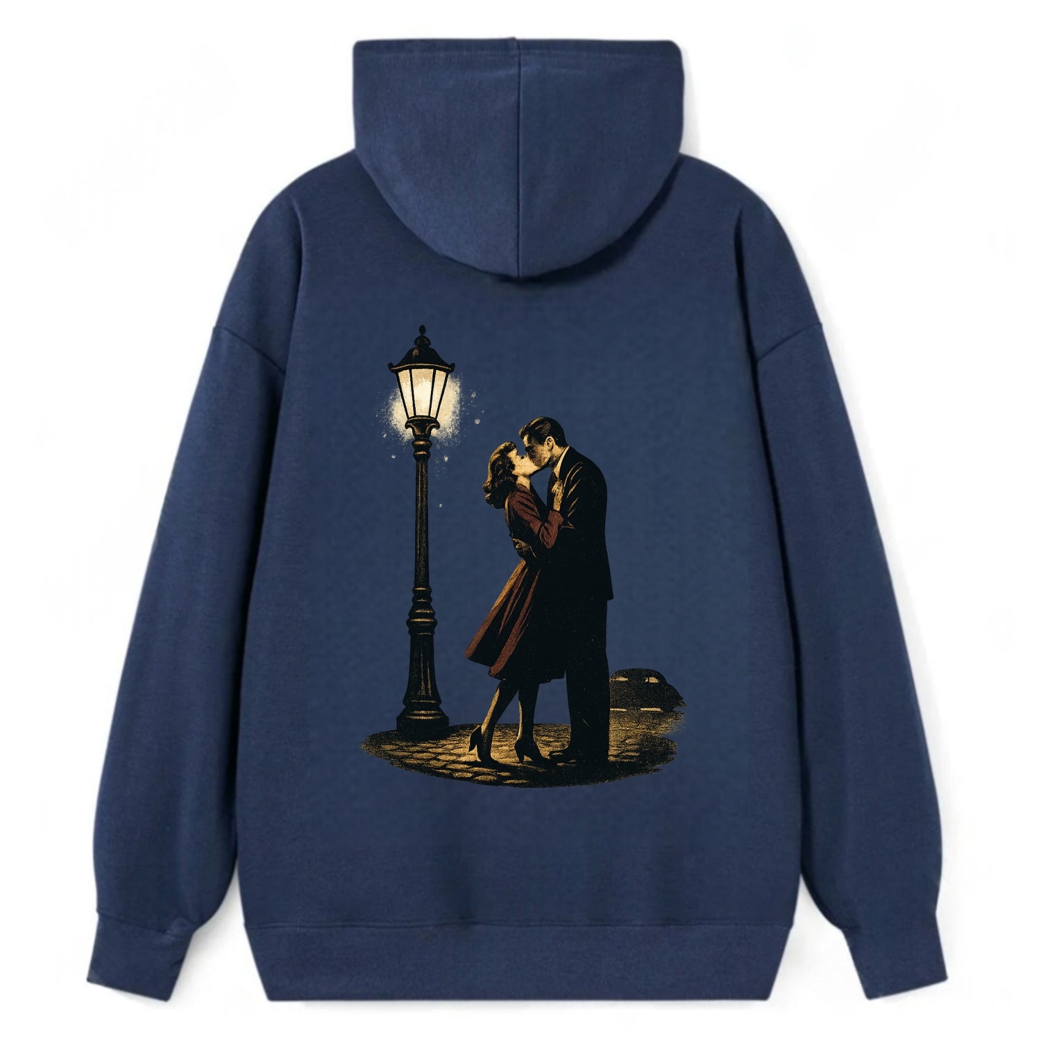 first kiss under vintage street lamp on cobblestone at night - Classic Pullover Hoodie - Navy