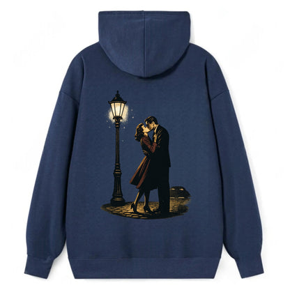 first kiss under vintage street lamp on cobblestone at night - Classic Pullover Hoodie - Navy