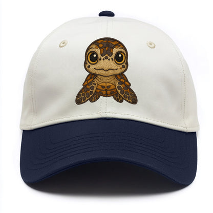 Baby Hawksbill Turtle - amber and brown shell pattern, curious golden eyes, - Two Tone Cap - Navy