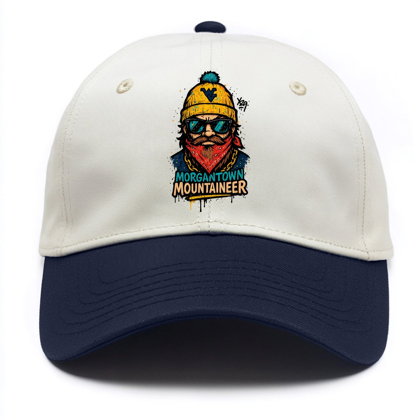 Morgantown Mountaineer wearing West Virginia beanie with WV patch - Two Tone Cap - Navy