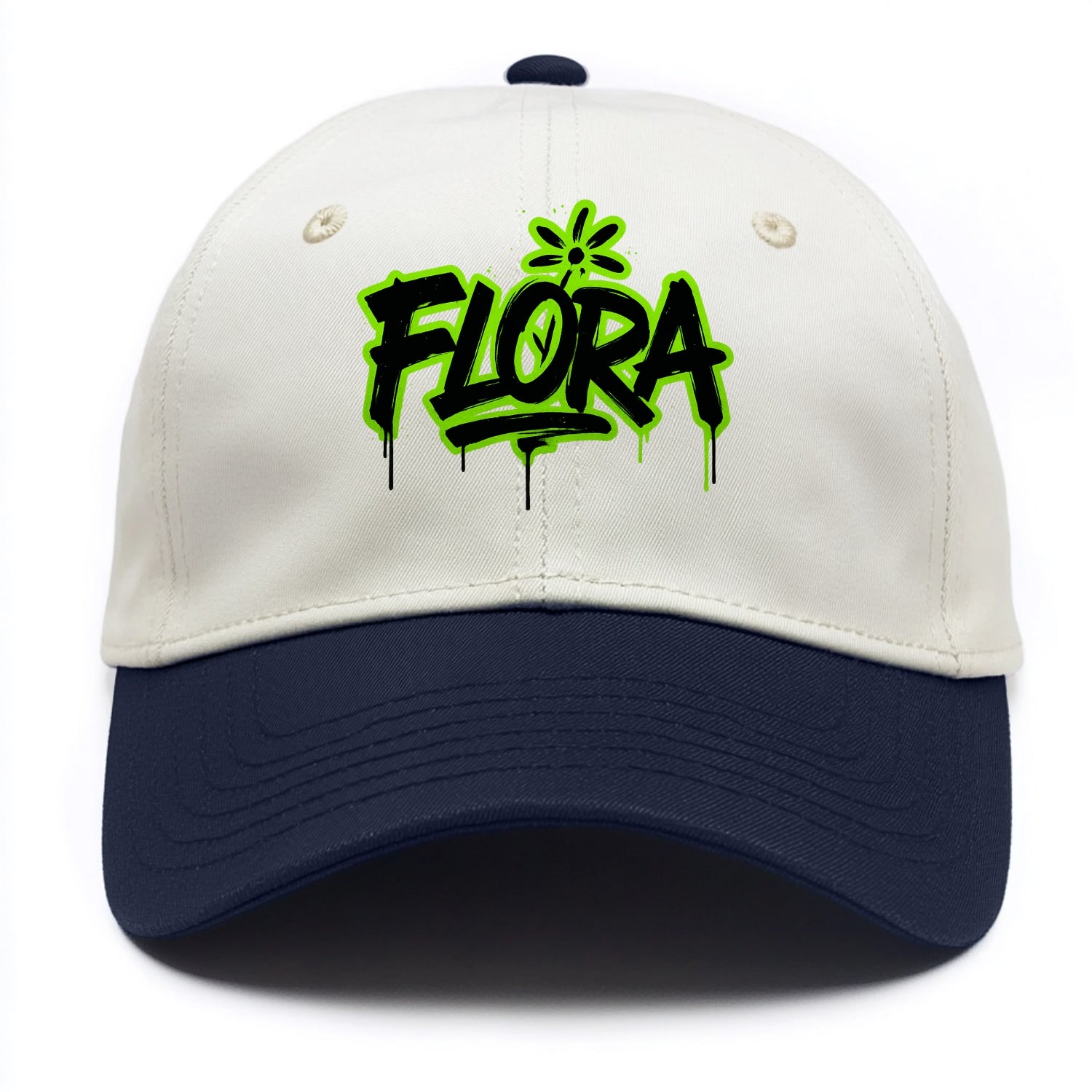 Bold typography design - "FLORA" - plant life, blooming - Two Tone Cap - Navy