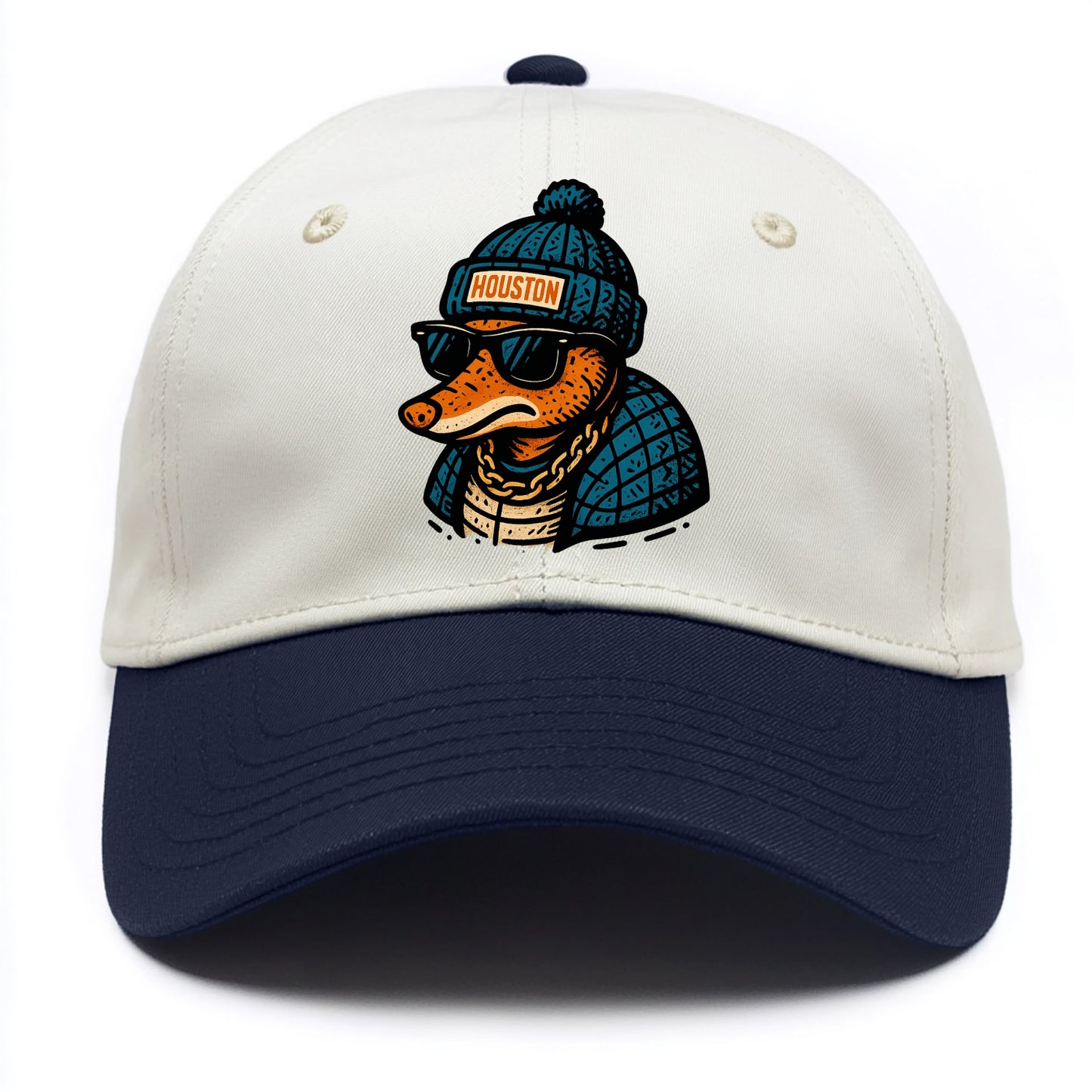 Houston Armadillo wearing Houston beanie with pom pom and wayfarer sunglasses - Two Tone Cap - Navy