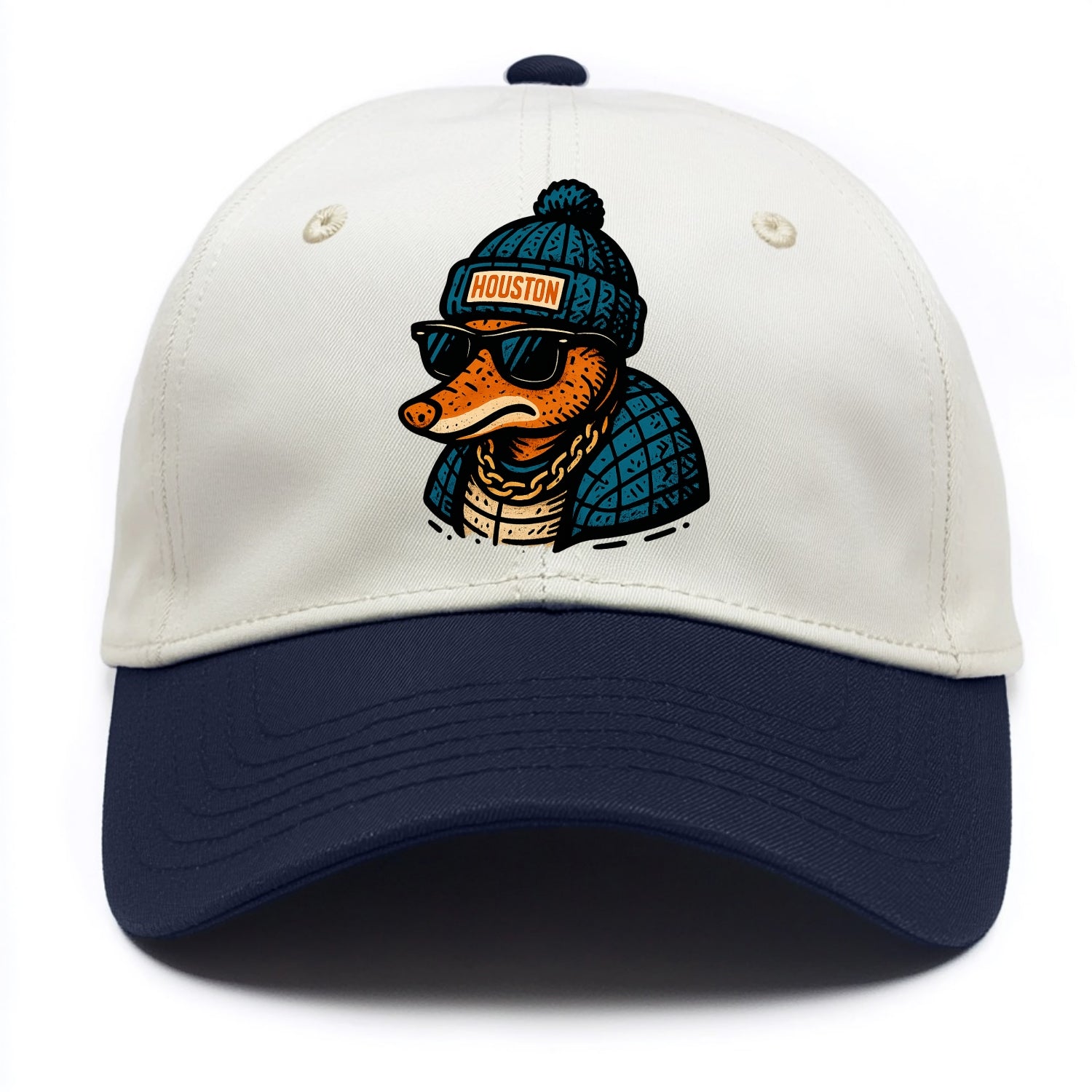 Houston Armadillo wearing Houston beanie with pom pom and wayfarer sunglasses - Two Tone Cap - Navy