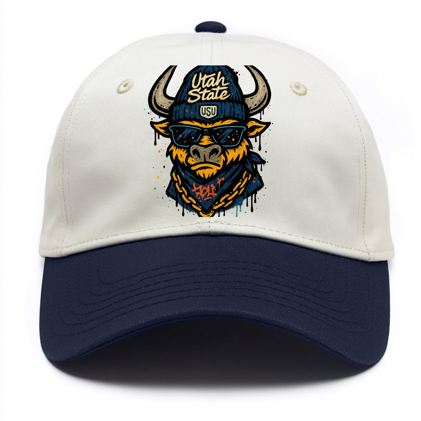 Logan Aggie wearing Utah State beanie with USU patch - Two Tone Cap - Navy