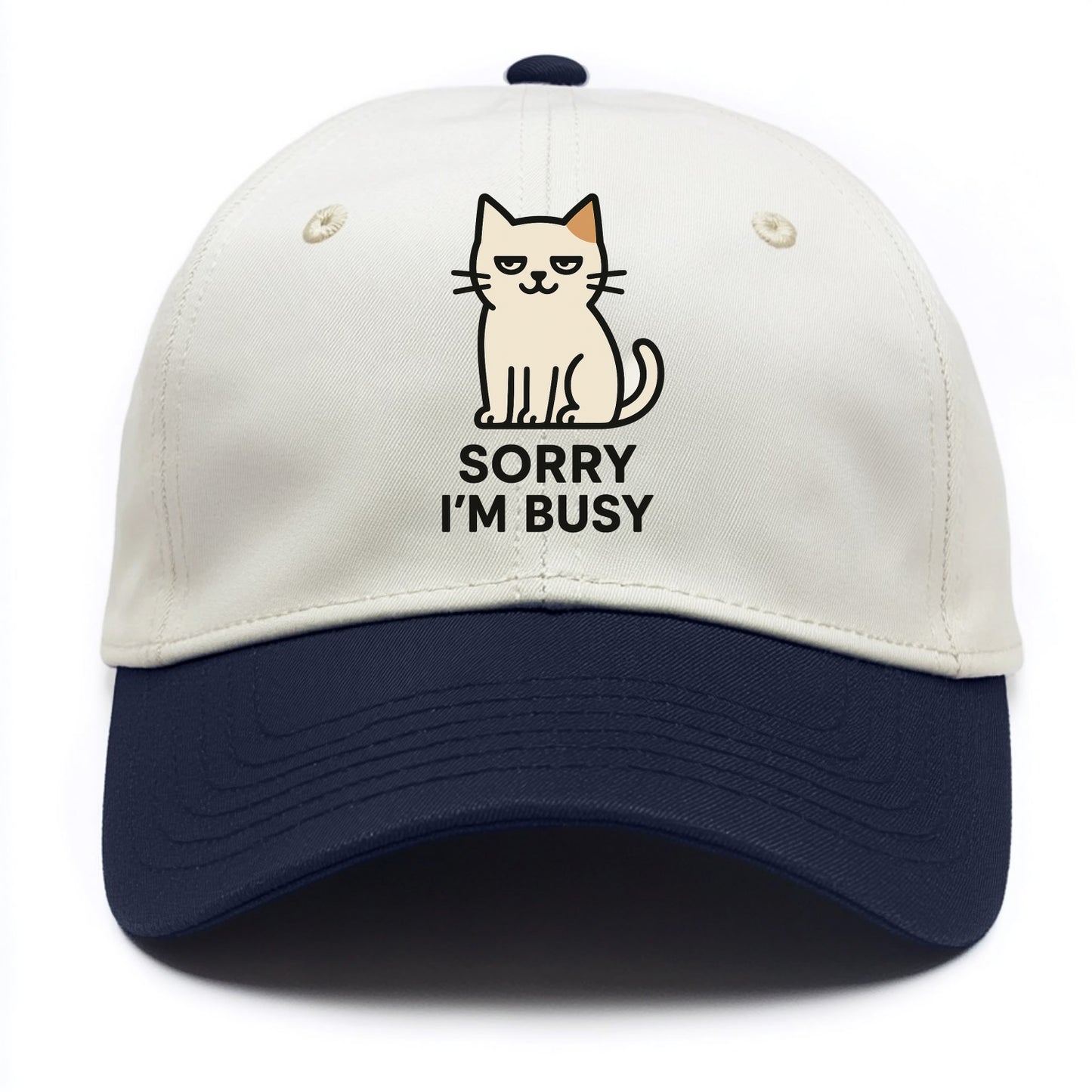 Cat sitting alone looking content - "SORRY I'M BUSY" - not sorry at all - Two Tone Cap - Navy