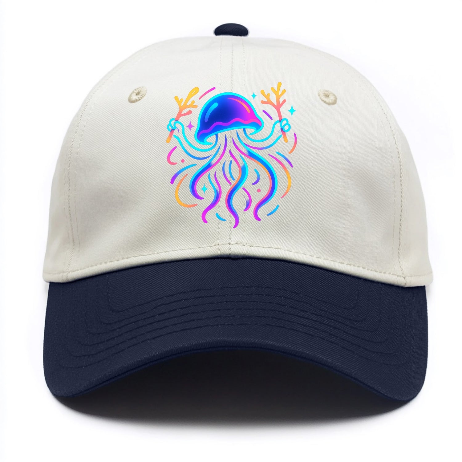 Jellyfish conducting a glow orchestra using coral batons in deep ocean concert hall - Two Tone Cap - Navy