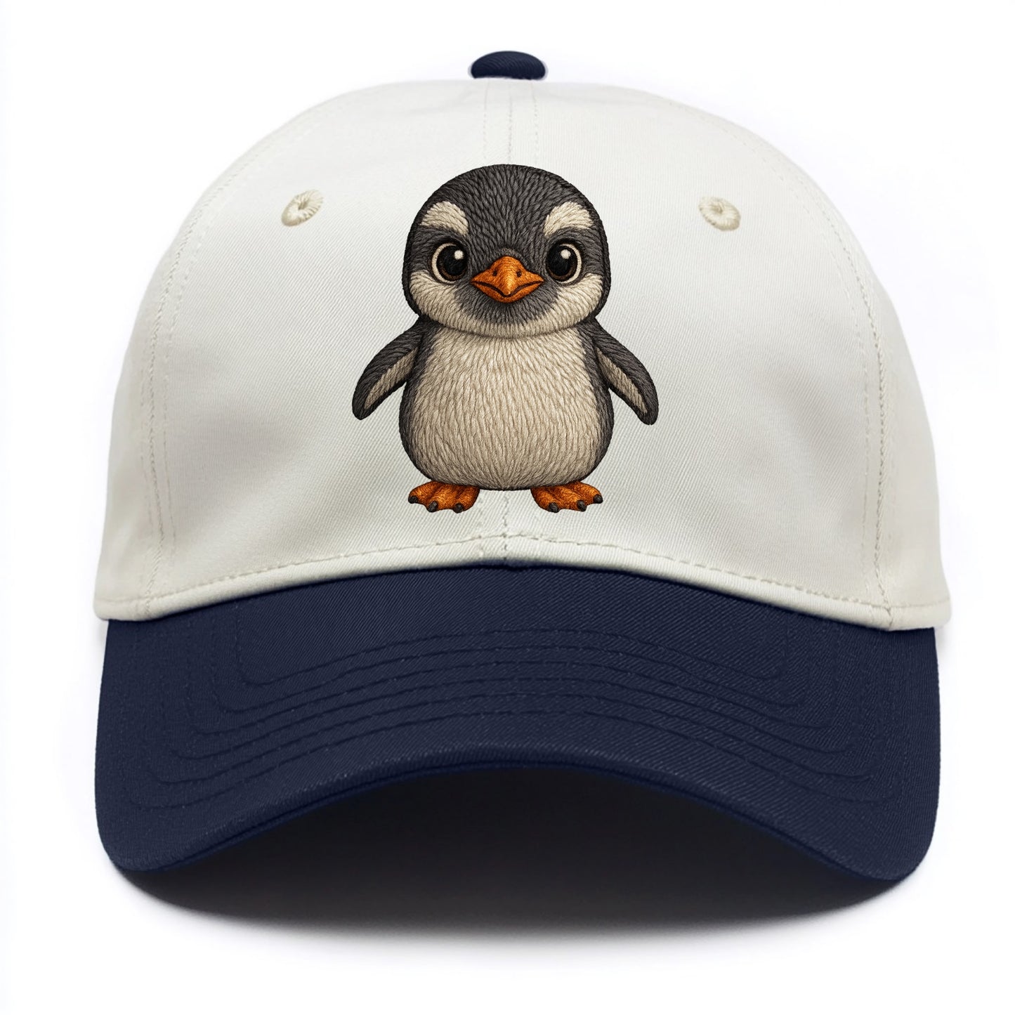 Baby Gentoo Penguin - orange beak, white cap, bright eyes, front-facing, energetic - Two Tone Cap - Navy