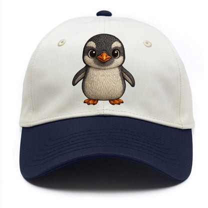 Baby Gentoo Penguin - orange beak, white cap, bright eyes, front-facing, energetic - Two Tone Cap - Navy