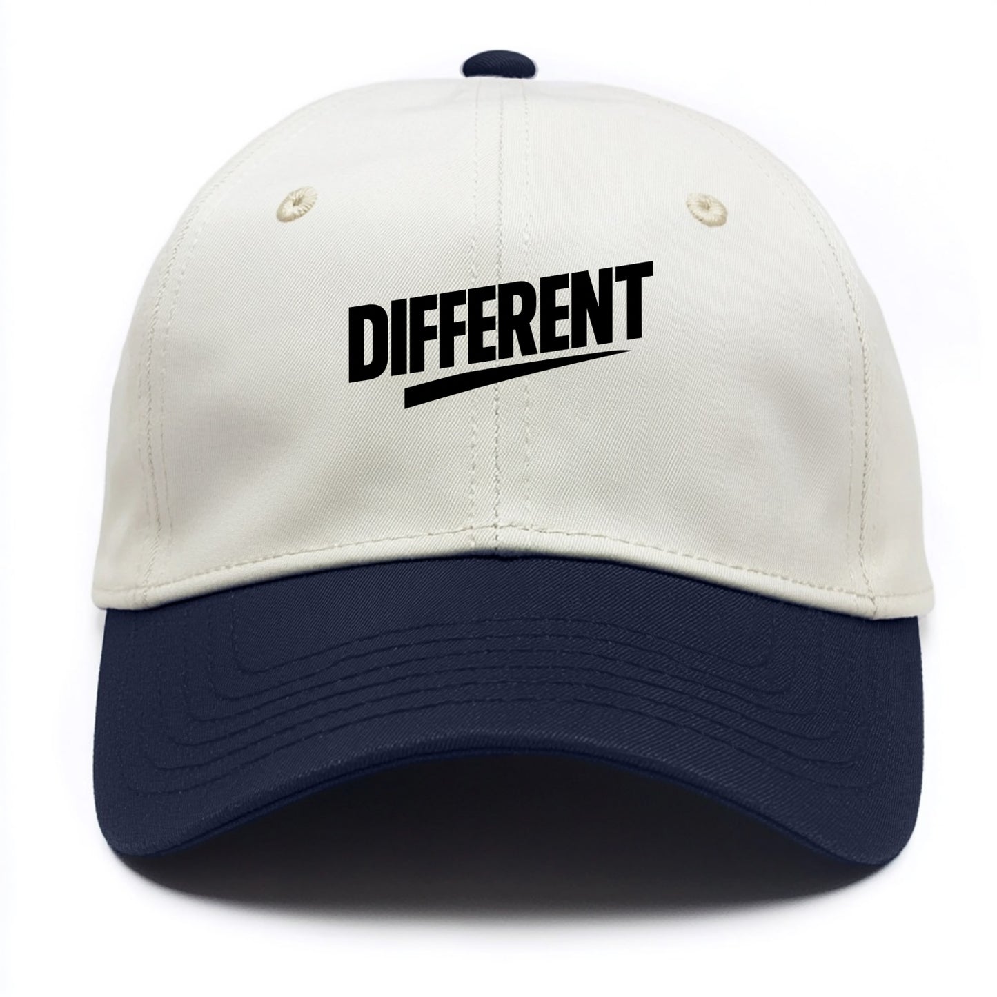 Bold typography design - "DIFFERENT" - standing out, not following crowd - Two Tone Cap - Navy