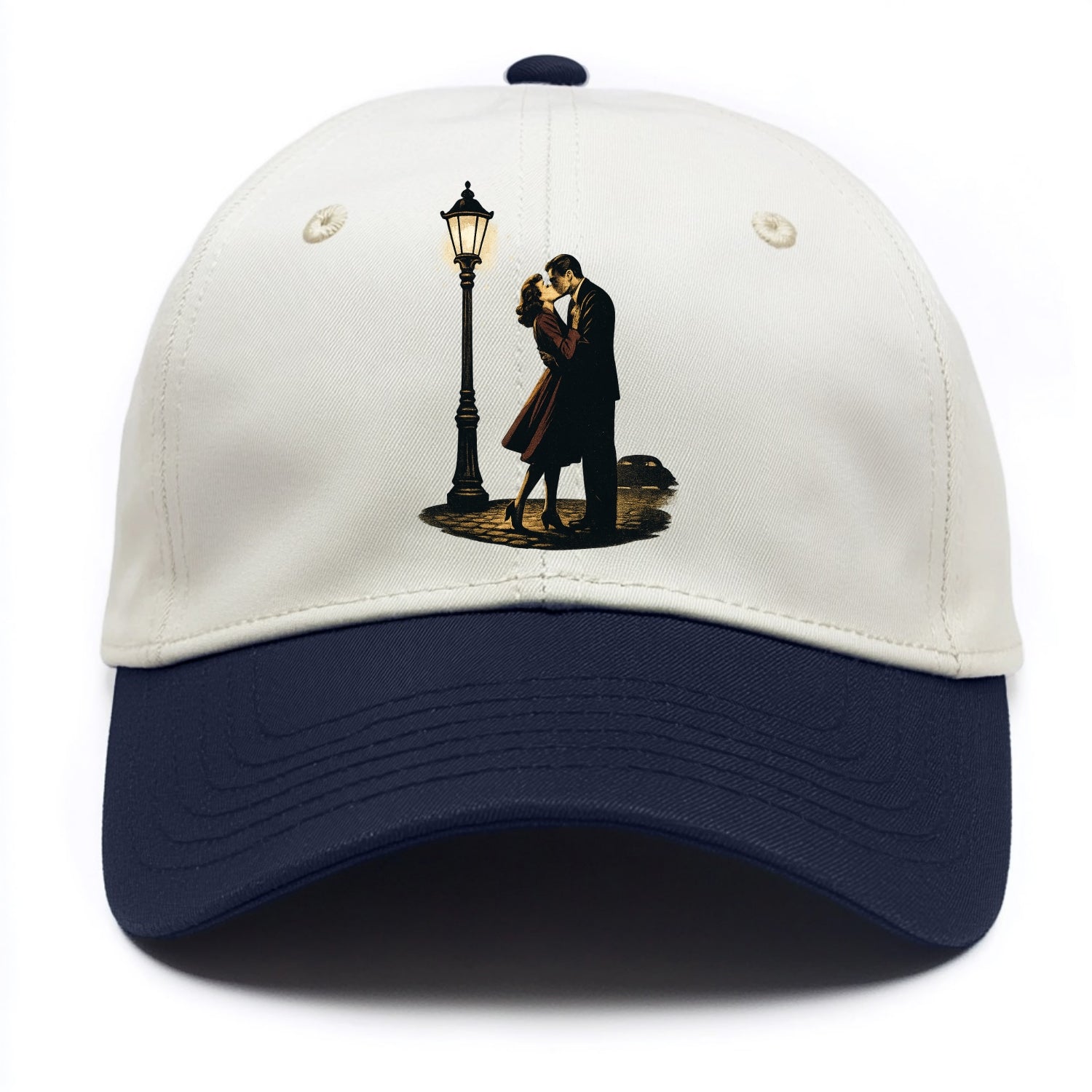 first kiss under vintage street lamp on cobblestone at night - Two Tone Cap - Navy