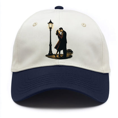 first kiss under vintage street lamp on cobblestone at night - Two Tone Cap - Navy