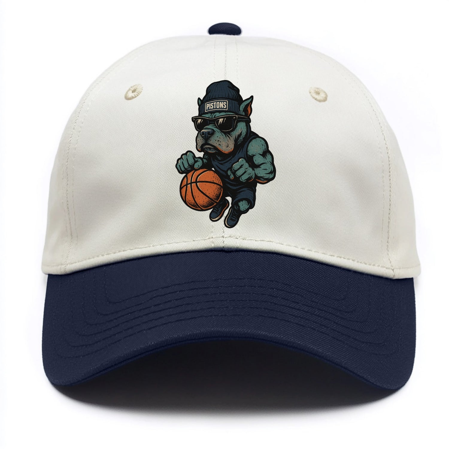 Detroit Pitbull wearing Pistons beanie with chrome patch and wayfarer sunglasses - Two Tone Cap - Navy