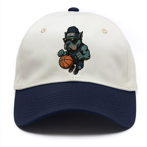 Detroit Pitbull wearing Pistons beanie with chrome patch and wayfarer sunglasses - Two Tone Cap