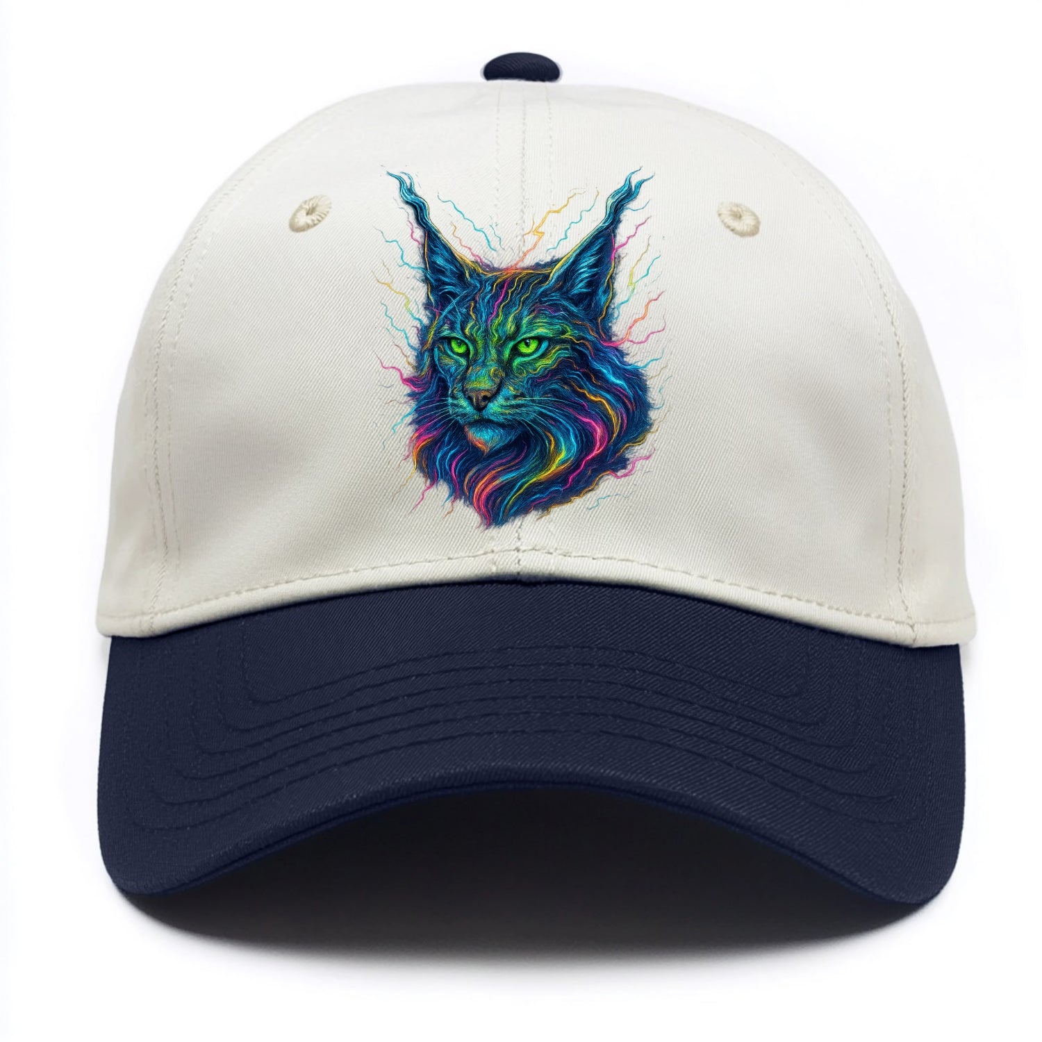 Wild lynx with ear tufts transforming into liquid mercury flows, silver and gold - Two Tone Cap - Navy