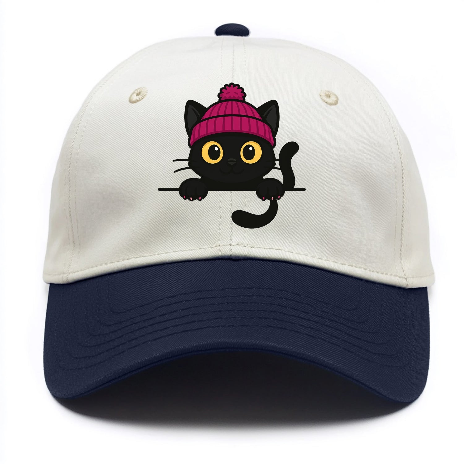 Midnight the black cat holding a tiny book labeled secrets against the ledge. - Two Tone Cap - Navy