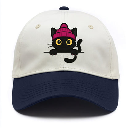 Midnight the black cat holding a tiny book labeled secrets against the ledge. - Two Tone Cap - Navy