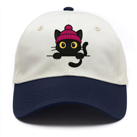 Midnight the black cat holding a tiny book labeled secrets against the ledge. - Two Tone Cap - Navy