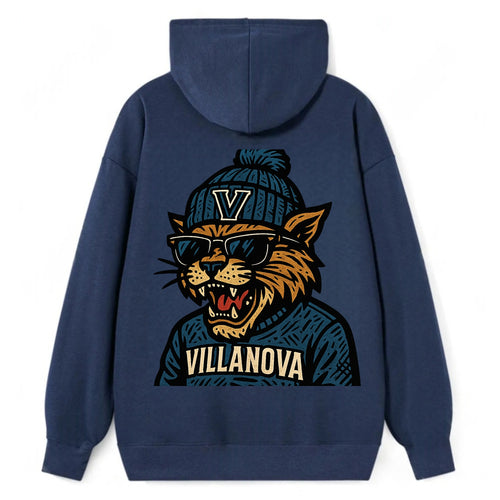Villanova Wildcat wearing Villanova beanie with V patch - Classic Pullover Hoodie