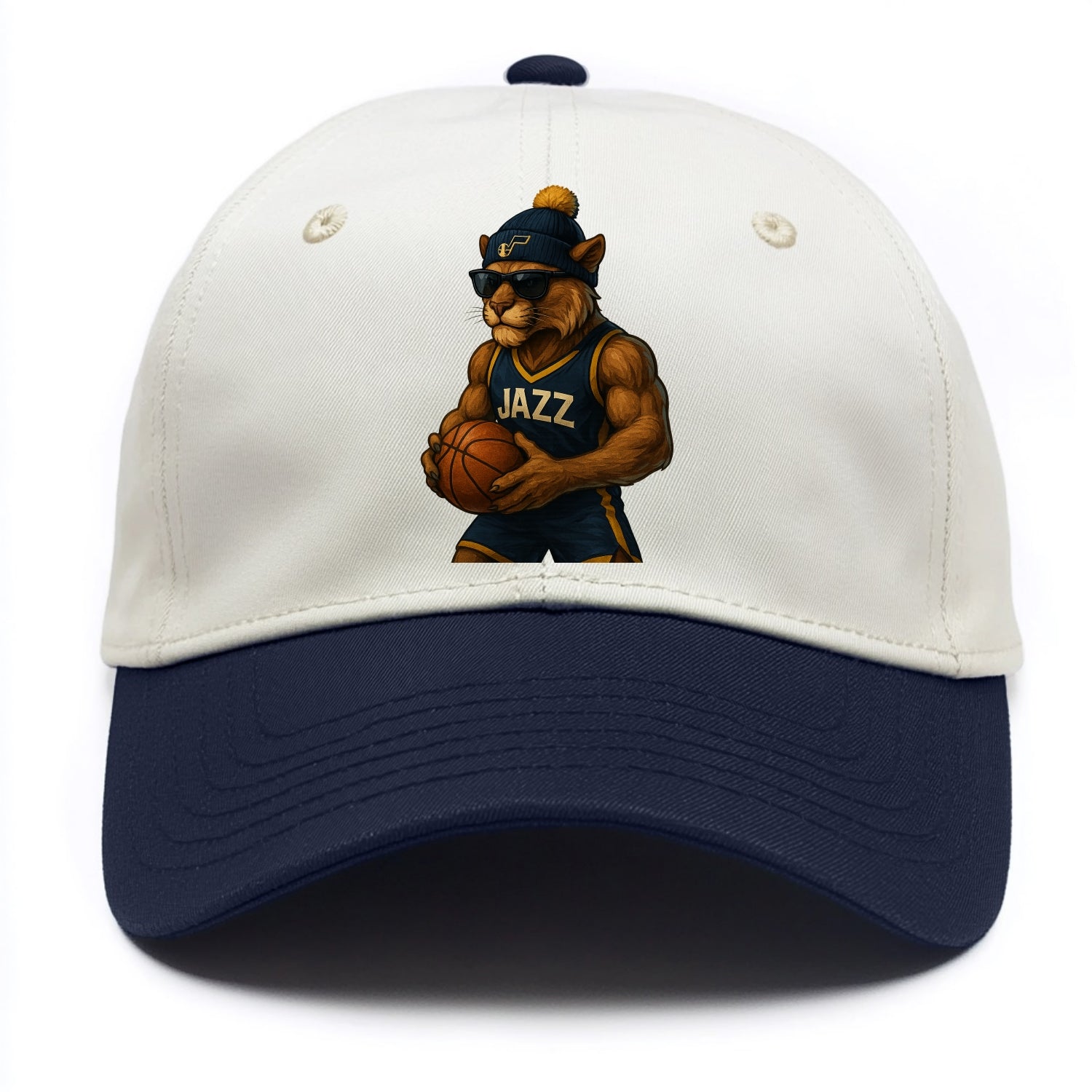Utah Mountain Lion wearing Jazz navy and yellow beanie with music note and wayfarer - Two Tone Cap - Navy