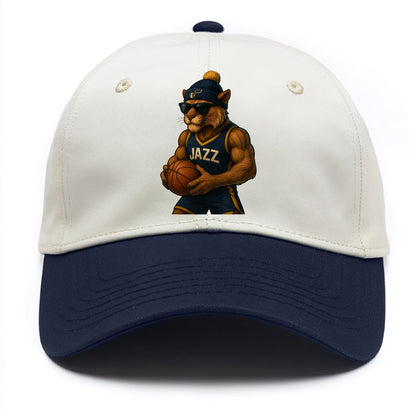 Utah Mountain Lion wearing Jazz navy and yellow beanie with music note and wayfarer - Two Tone Cap - Navy