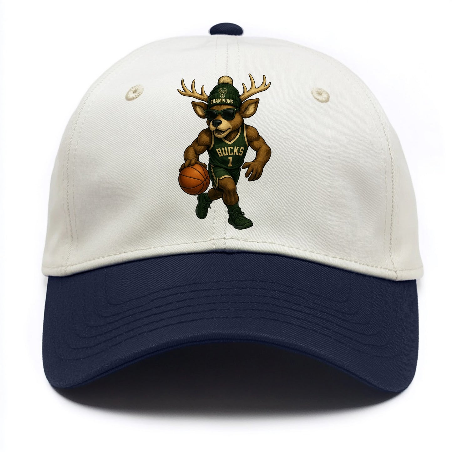 Milwaukee Buck Deer wearing Bucks green and cream beanie with antlers and wayfarer - Two Tone Cap - Navy