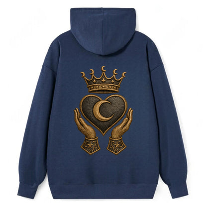 Moonlit crescent crown cradling a hematite heart with stargazer hands - Classic Pullover Hoodie - Navy