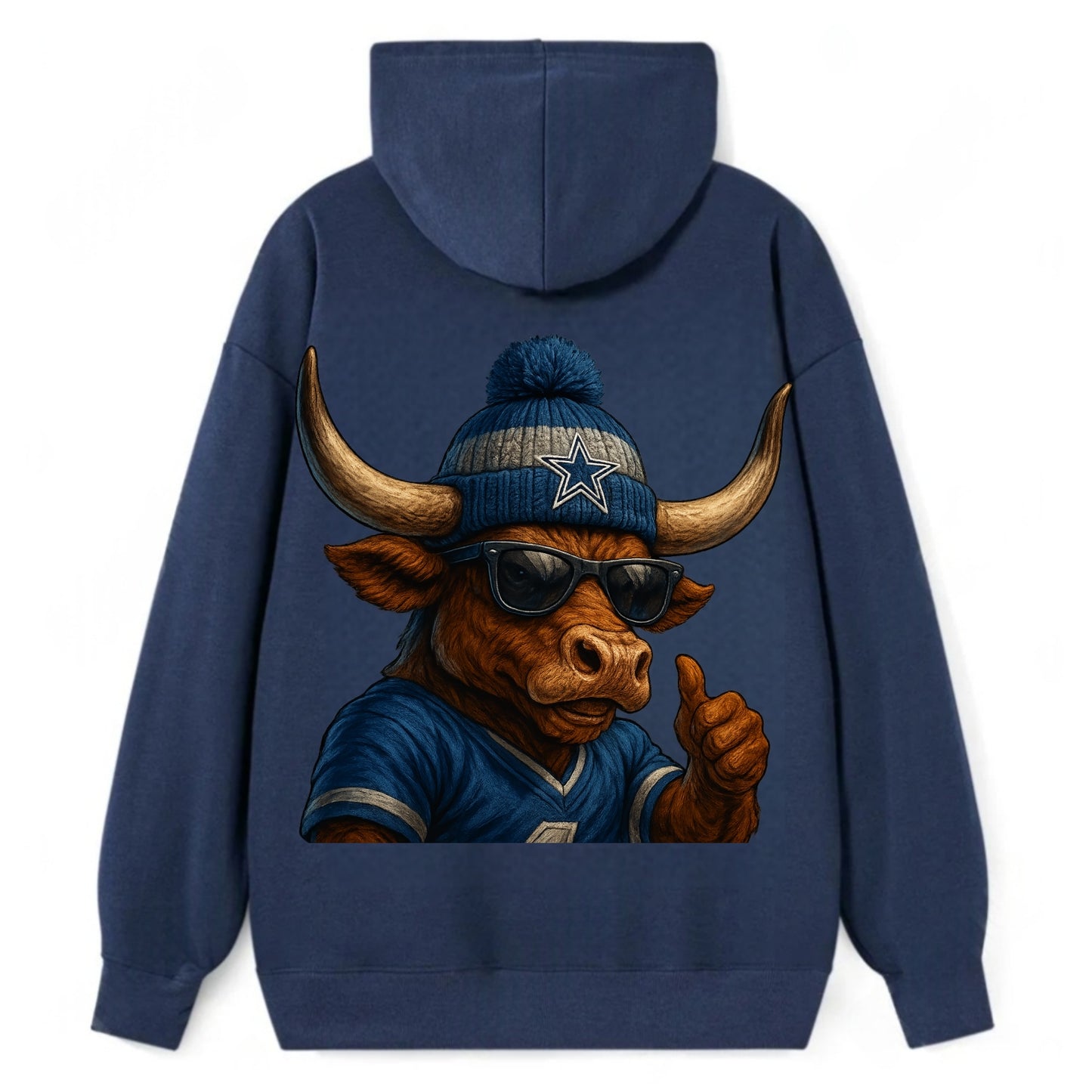Texas Longhorn wearing Cowboys silver and blue beanie with star and - Classic Pullover Hoodie - Navy