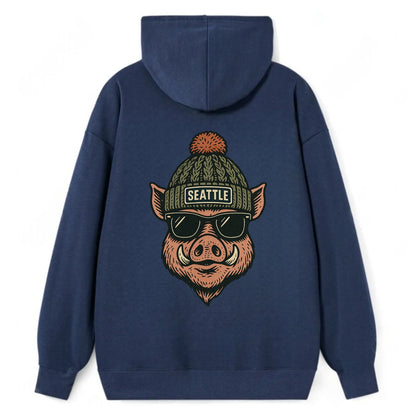 Washington Hog wearing Seattle beanie with pom pom and wayfarer sunglasses - Classic Pullover Hoodie - Navy