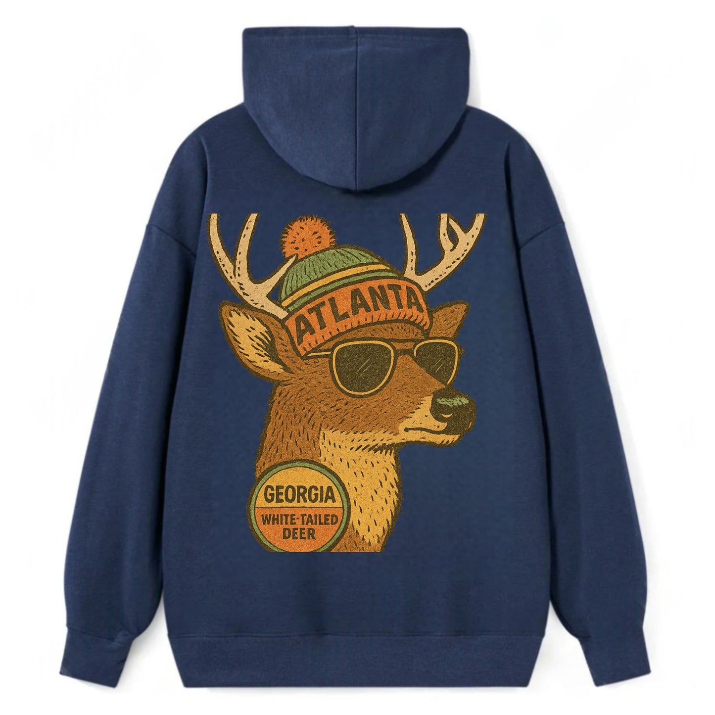 Georgia White-tailed Deer wearing Atlanta beanie with pom pom and - Classic Pullover Hoodie - Navy