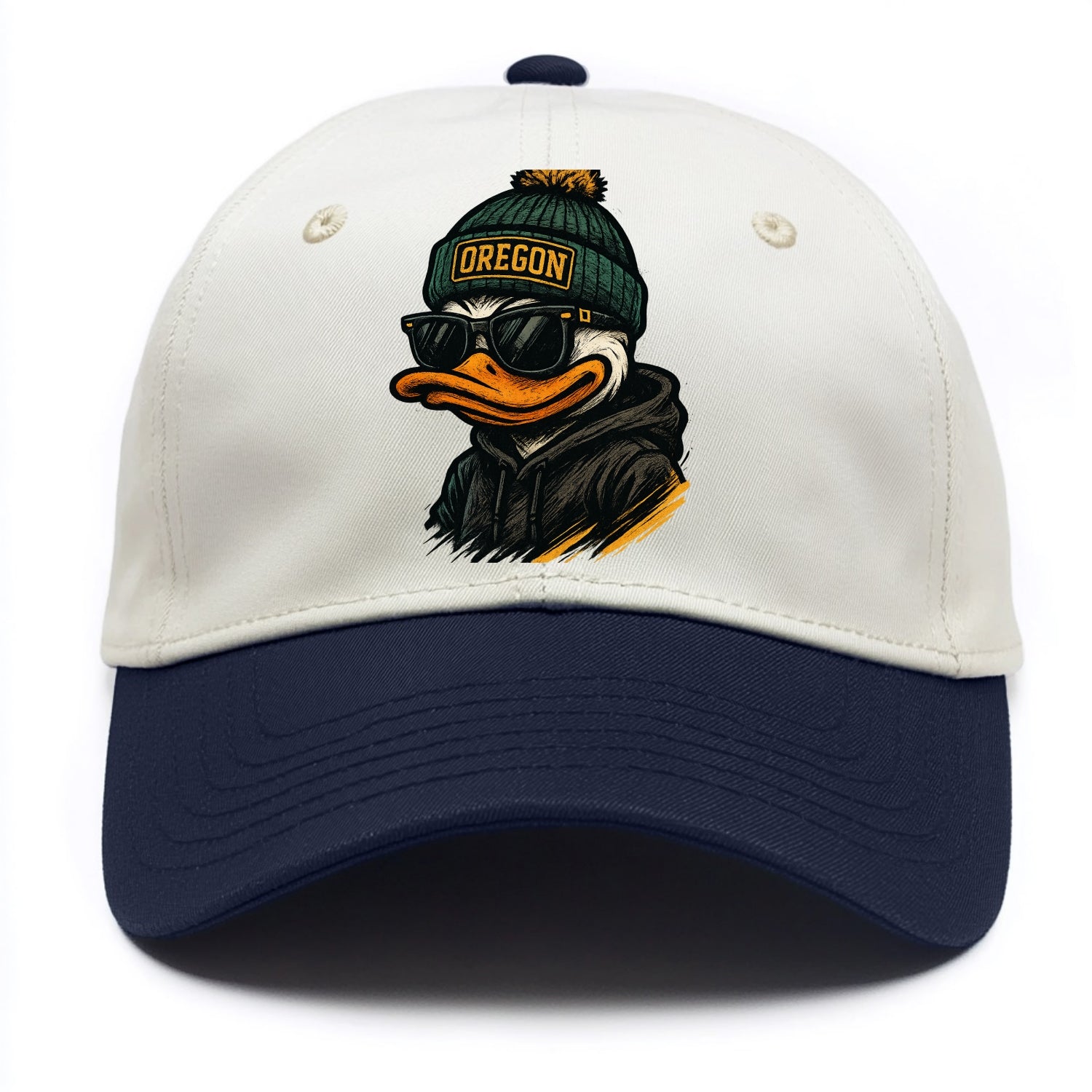 Eugene Duck wearing Oregon beanie with O patch - Two Tone Cap - Navy