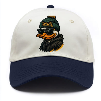 Eugene Duck wearing Oregon beanie with O patch - Two Tone Cap - Navy