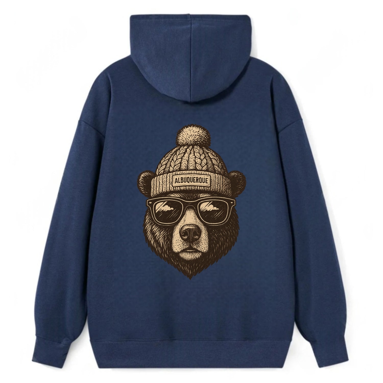New Mexico Black Bear wearing Albuquerque beanie with pom pom and - Classic Pullover Hoodie - Navy