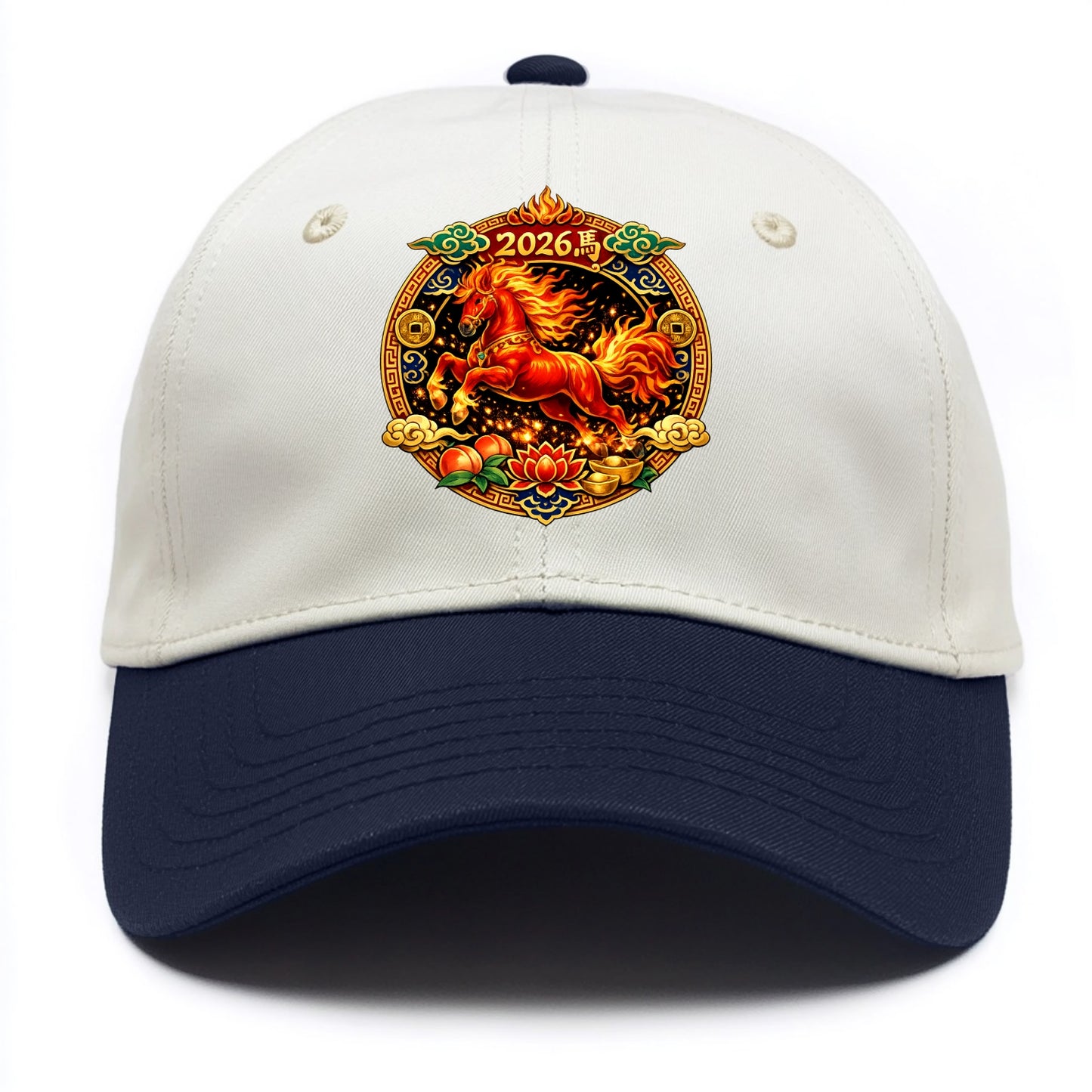 FIRE HORSE | Flaming mane and tail horse | Blazing orange and red colors | Dynamic - Two Tone Cap - Navy
