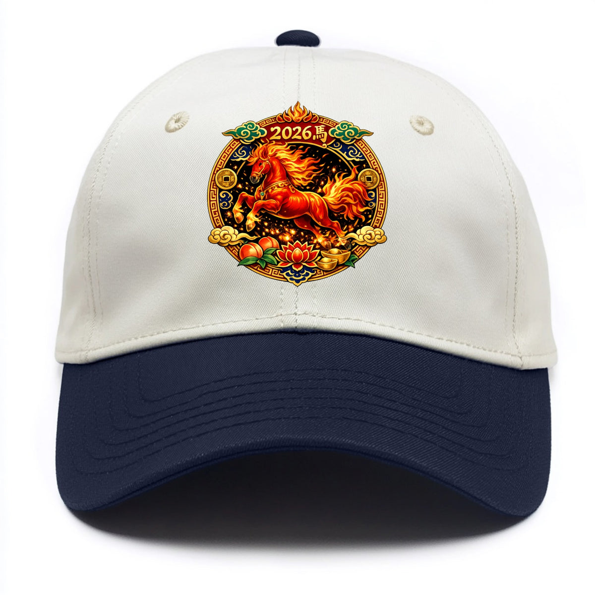 FIRE HORSE | Flaming mane and tail horse | Blazing orange and red colors | Dynamic - Two Tone Cap - Navy