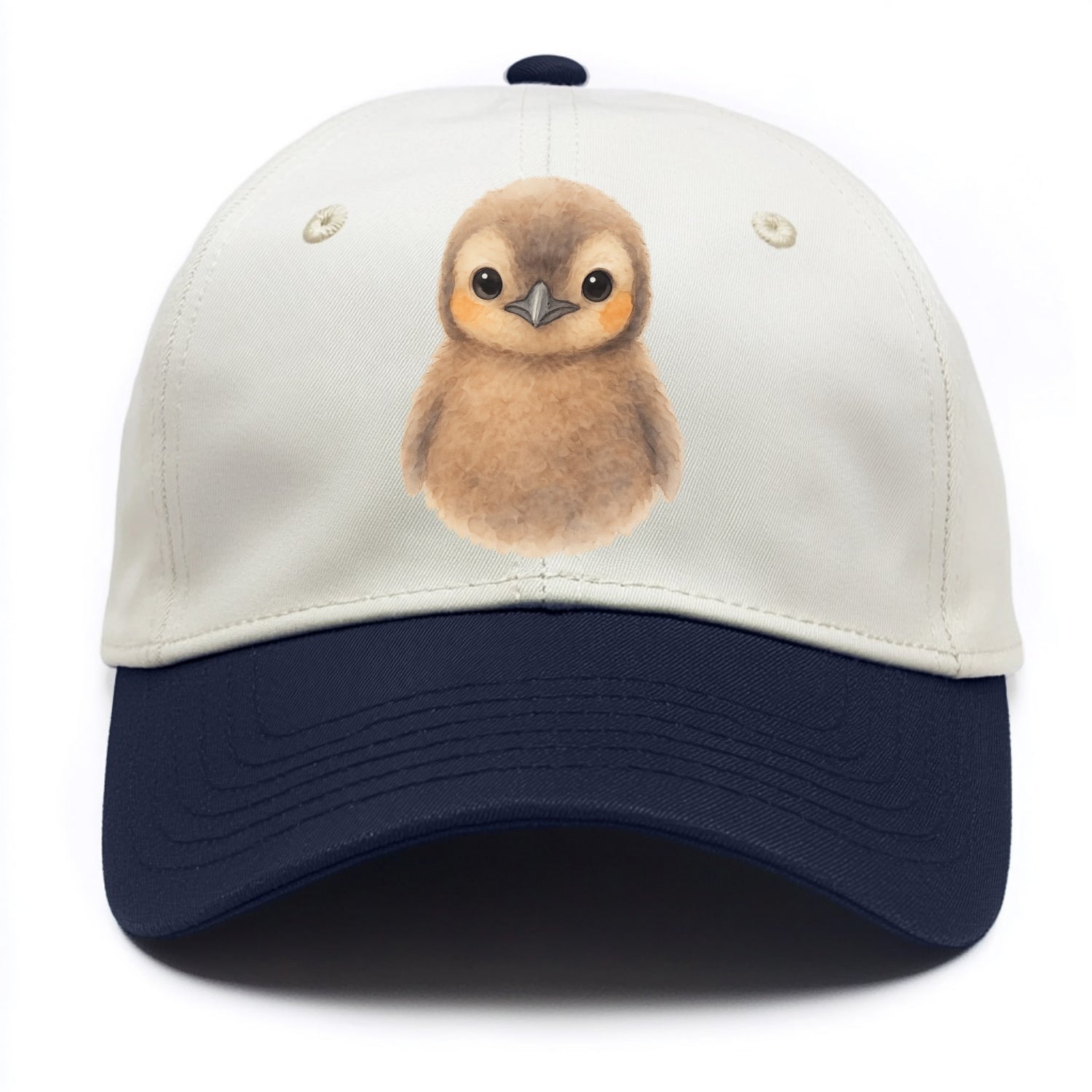 Baby King Penguin - orange cheek patches, fluffy brown, large eyes, front-facing, - Two Tone Cap - Navy