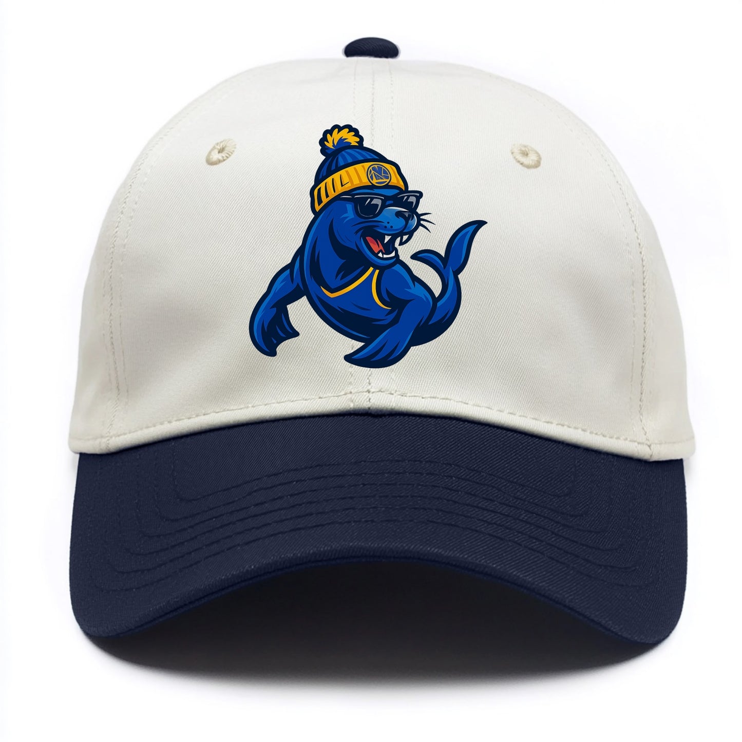 Bay Area Sea Lion wearing Warriors blue and gold beanie with Golden Gate and - Two Tone Cap - Navy