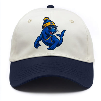 Bay Area Sea Lion wearing Warriors blue and gold beanie with Golden Gate and - Two Tone Cap - Navy
