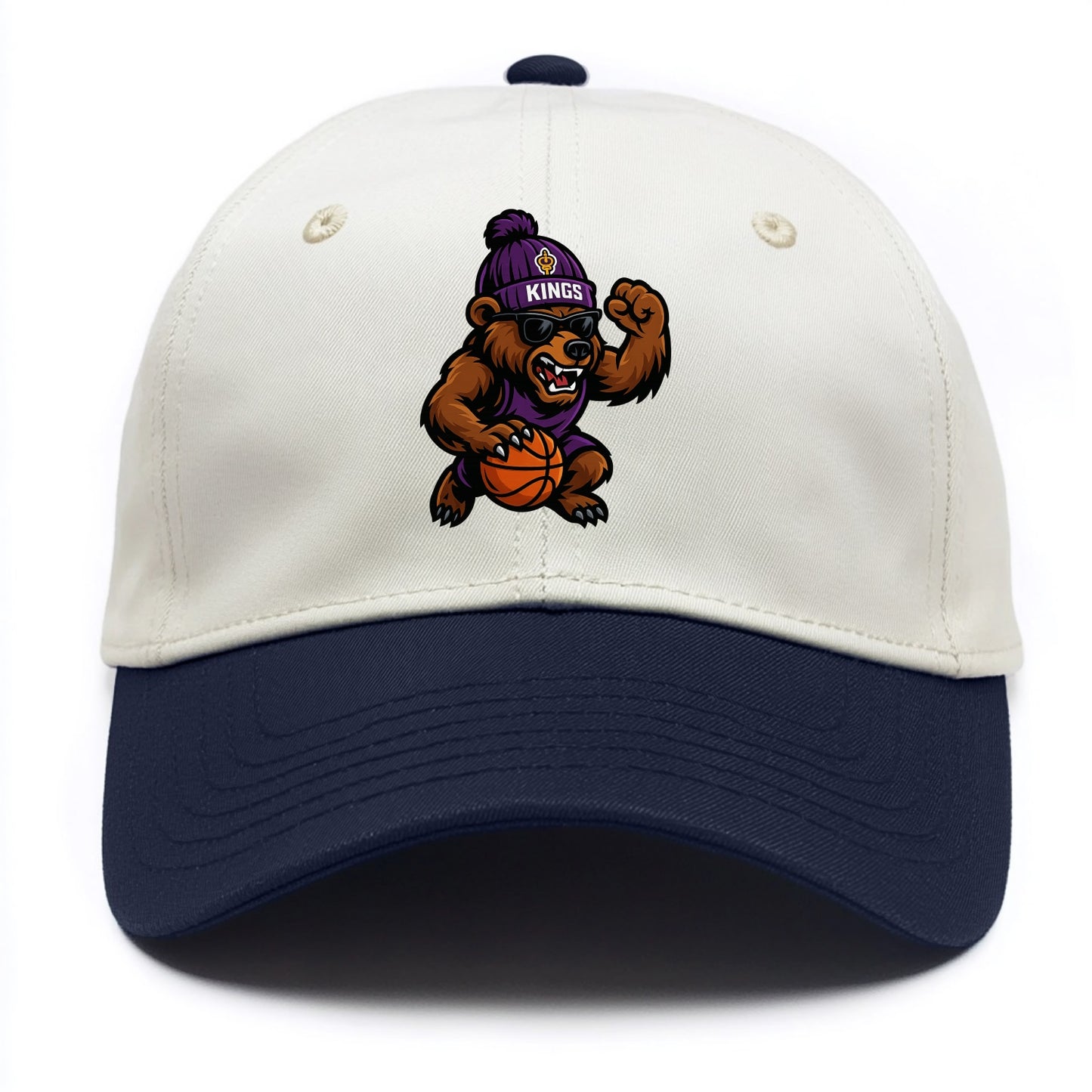 California Grizzly wearing Kings beanie with royal scepter patch and wayfarer - Two Tone Cap - Navy