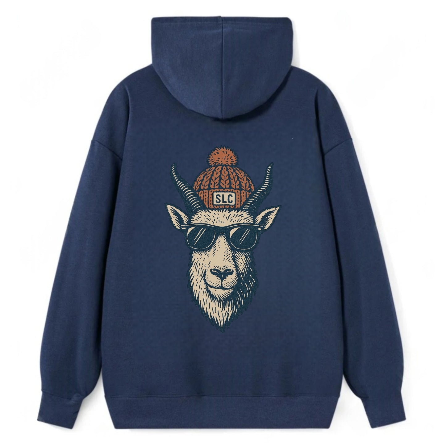 Salt Lake City Mountain Goat wearing SLC beanie with pom pom and wayfarer - Classic Pullover Hoodie - Navy