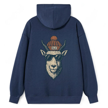 Salt Lake City Mountain Goat wearing SLC beanie with pom pom and wayfarer - Classic Pullover Hoodie - Navy