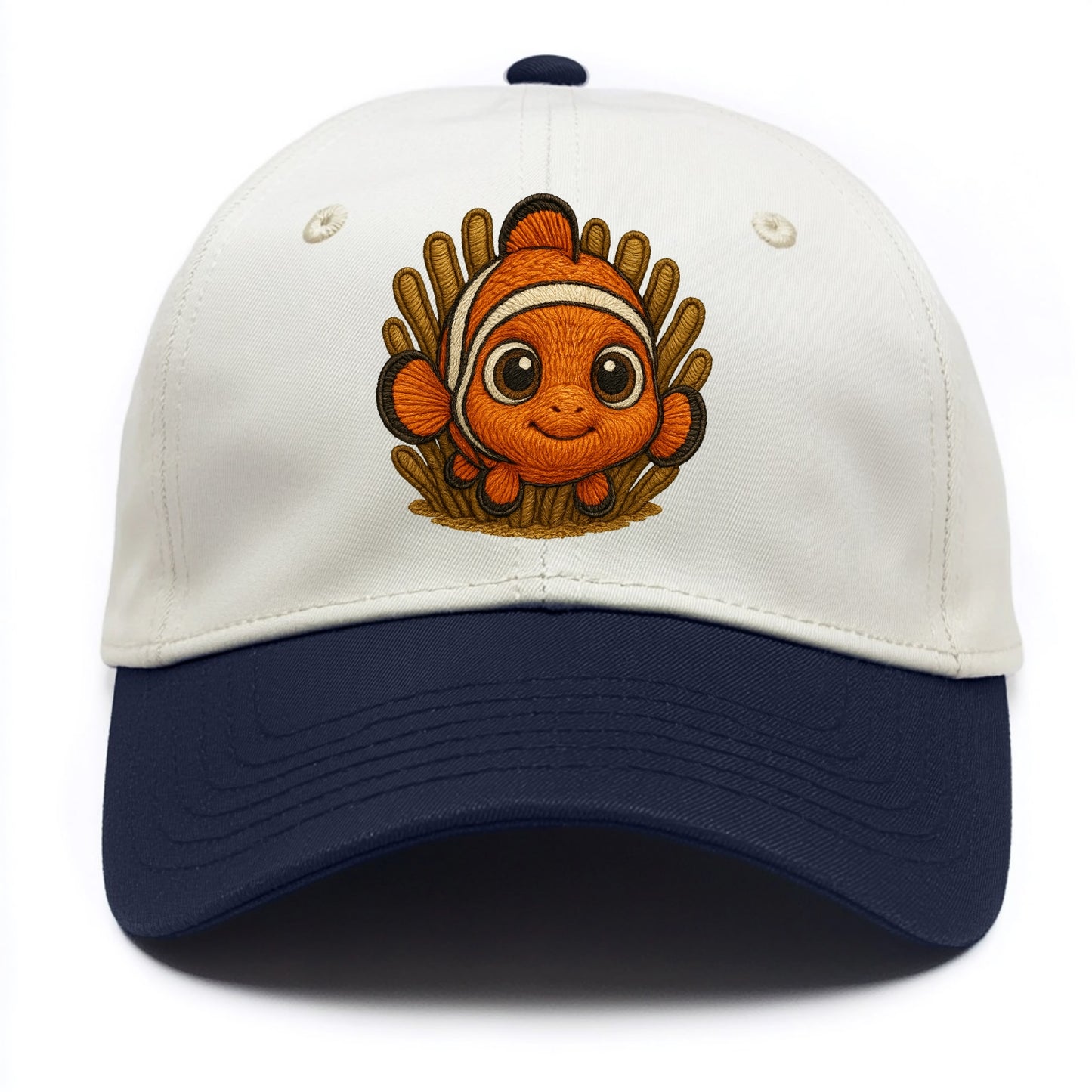 Baby Clownfish - orange with white stripes, big round eyes, front-facing in anemone, - Two Tone Cap - Navy