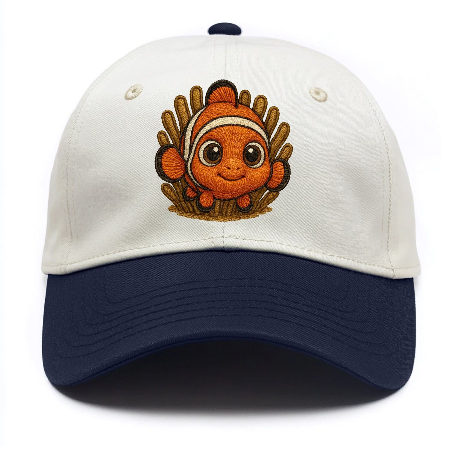 Baby Clownfish - orange with white stripes, big round eyes, front-facing in anemone, - Two Tone Cap - Navy