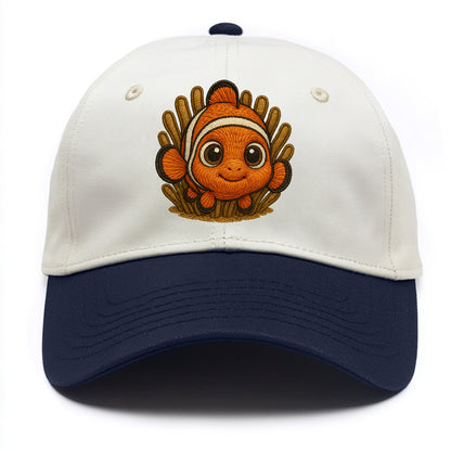 Baby Clownfish - orange with white stripes, big round eyes, front-facing in anemone, - Two Tone Cap - Navy