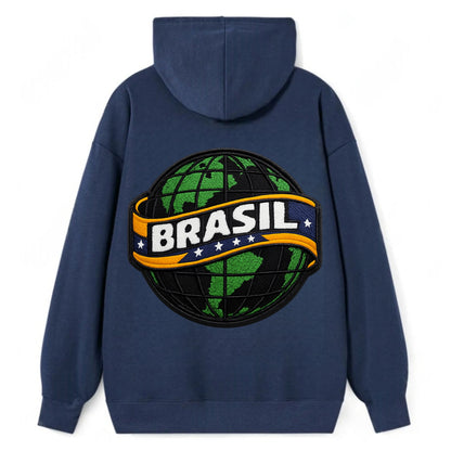 BRAZILIAN FLAG GLOBE - green globe with banner in green yellow blue , - Classic Pullover Hoodie - Navy